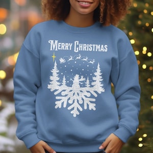 Merry Christmas! Large Snowflake Crewneck Sweatshirt, custom graphic design with large bold lettering, Christmas Gift Idea!