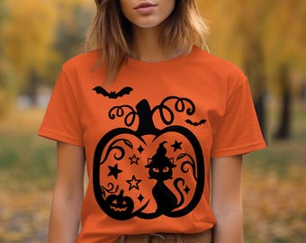 Gato de Halloween con sombrero de bruja. Camiseta de Halloween linda. Camiseta de Halloween para mujer. Camiseta de fiesta de Halloween. Camiseta de temporada espeluznante.
