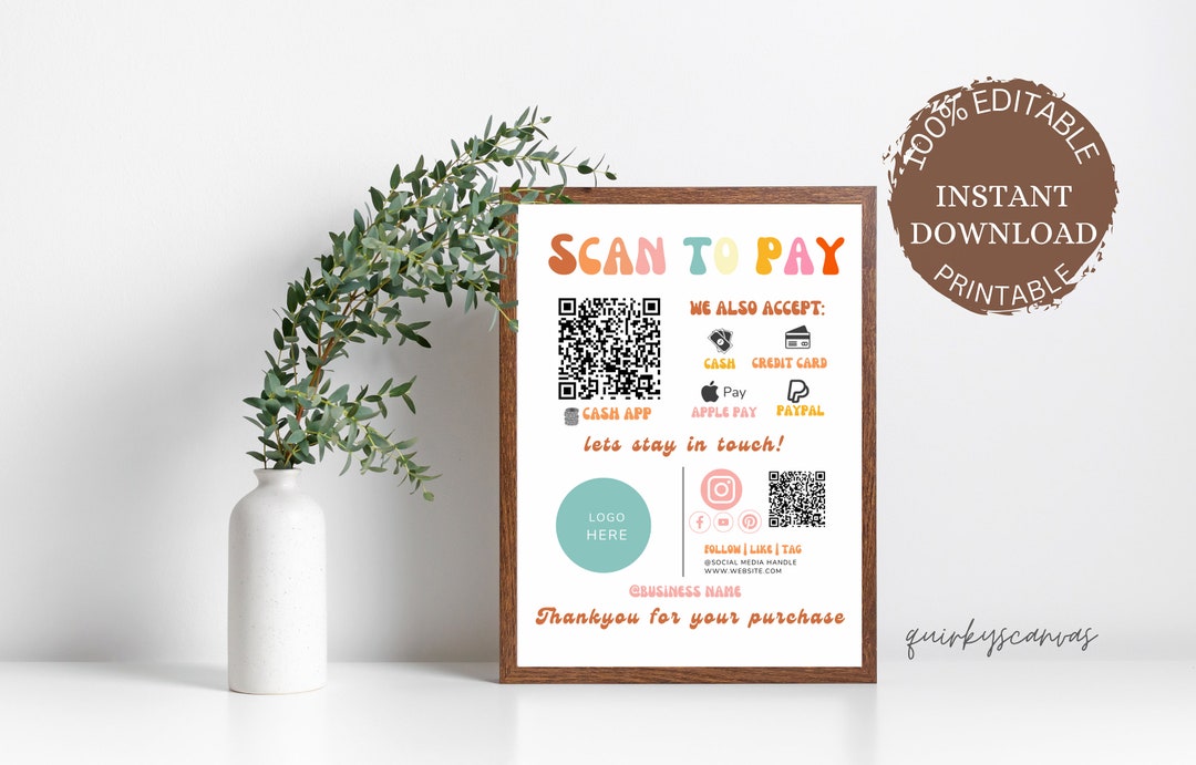 Retro QR Code Sign Business 3d Scan 4 X 6 Scan to Pay Template - Etsy