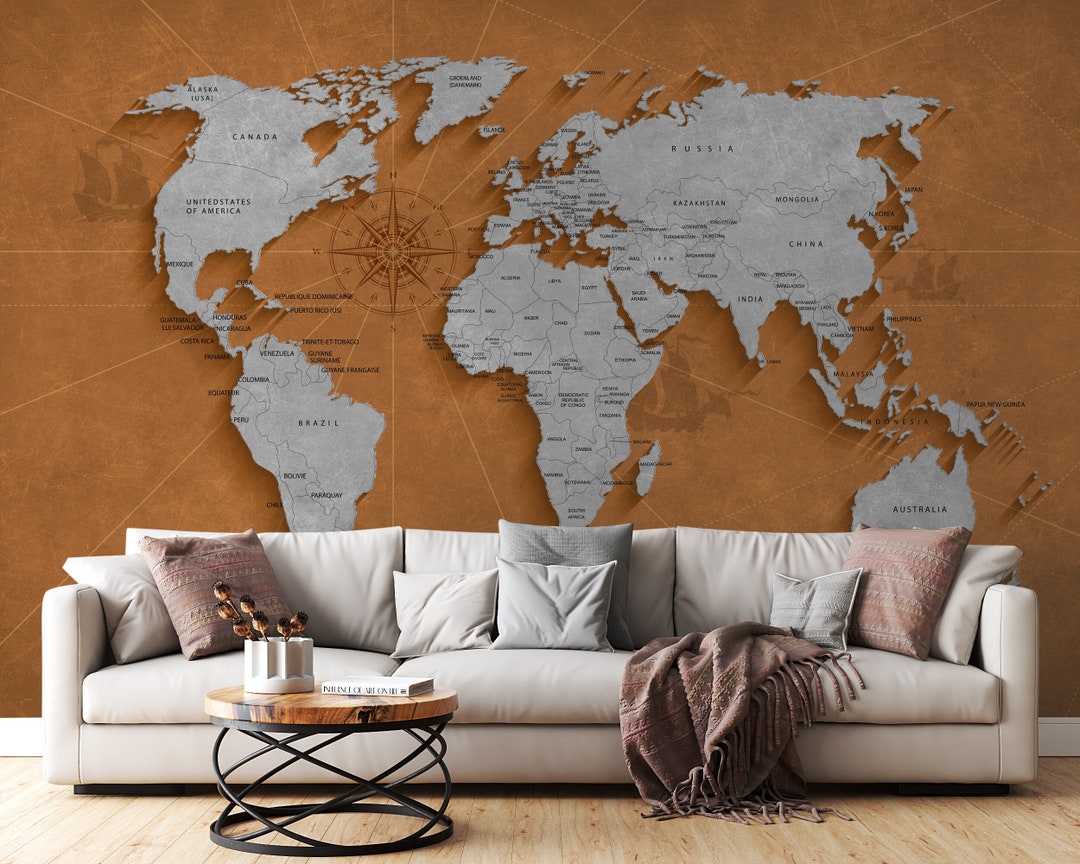 World Map Wallpaper Wood Look Wallpaper Map Wallpaper Etsy