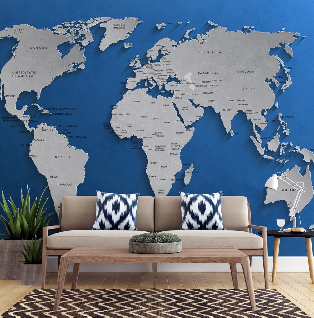 World Map Wallpaper Wood Look Wallpaper Map Wallpaper Etsy