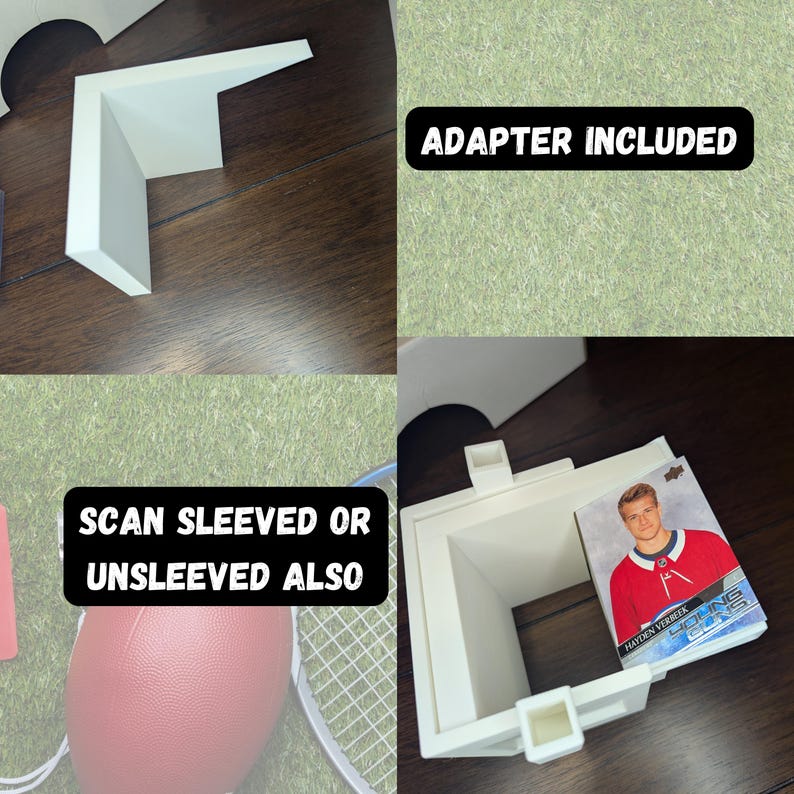 K&ouml;nnte beinhalten: Wei&szlig;er Plastikkartenhalter mit einem wei&szlig;en Plastikadapter. Der Halter hat einen Schlitz f&uuml;r eine Karte und ein transparentes Plastikfenster. Der Text "ADAPTER INKLUSIVE" ist auf einem wei&szlig;en Etikett gedruckt. Der Text "SCAN SLEEVED OR UNSLEEVE ALSO" ist auf einem wei&szlig;en Etikett gedruckt. Eine Hockeykarte befindet sich im Halter. Die Karte zeigt einen Spieler in einem rot-wei&szlig;en Trikot mit dem Text "HAYDEN VERBEEK" und "JETS" darauf.