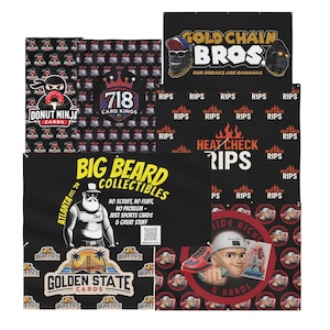 May include: A collection of black banners with various logos and text. The banners feature designs for sports card shops, including "Donut Ninja Cards," "718 Card Kings," "Big Beard Collectibles," and "Side Kicks & Hards."