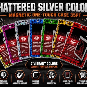 May include: Seven magnetic one-touch card cases in yellow, pink, silver, blue, green, gold, and red with shattered patterns. Each case holds 35pt cards and features UV protection, diamond corners, and a magnetic closure for trading card storage.