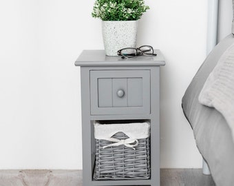 Grey Wooden White Bedside Unit Tables Drawers Cabinet + Wicker Storage Fully assembled