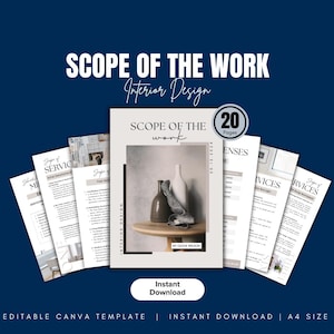Op de afbeelding: Een donkerblauwe afbeelding met de tekst "SCOPE OF THE WORK" en "Interior Design". De afbeelding toont een centraal document met een foto van vazen en een houten tafel, omringd door andere documenten. De woorden "Instant Download" zijn ook zichtbaar.
