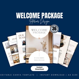 Puede incluir: Un gráfico azul marino con el texto "WELCOME PACKAGE Interior Design" en blanco. Se muestran varias portadas de folletos, la principal de las cuales dice "WELCOME PACKAGE" y "36 Pages". La frase "Instant Download" también es visible.
