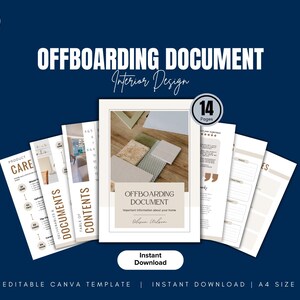 May include: A collection of interior design documents, including a cover page with the title "OFFBOARDING DOCUMENT" and the text "Interior Design." The documents are arranged in a fan shape against a dark blue background. The cover page features a photo of interior design elements. The documents are labeled "PRODUCT CARE" and "DOCUMENTS."