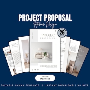 Könnte beinhalten: Eine Sammlung von Vorlagen für Innenarchitektur-Projektvorschläge auf einem dunkelblauen Hintergrund. Der Haupttitel lautet "PROJECT PROPOSAL" mit "Interior Design" darunter. Die Vorlage umfasst 26 Seiten und ist sofort zum Download verfügbar.