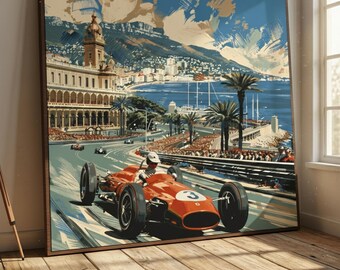 Wydruk z zabytkowym samochodem | Plakat wyścigowy z lat 50. XX wieku | Pobieranie cyfrowe | Pastelowa grafika ścienna z motywem sportów motorowych