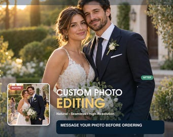 Könnte beinhalten: Eine Werbegrafik für individuelle Fotobearbeitungsdienste mit einem Paar in Hochzeitskleidung. Der Text enthält FASTPHOTOFIX, CUSTOM PHOTO EDITING, Natural, Seamless, High-Resolution und MESSAGE YOUR PHOTO BEFORE ORDERING.