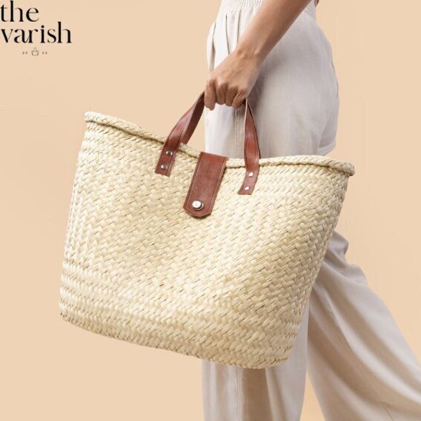 Beach Bag Hand made, Market Basket bag, Mexican Basket straw bag with leather handles, wicker basket with handle