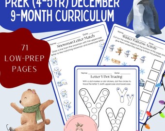 May include: A PreK (4-5yr) December 9-month curriculum with 71 low-prep pages. The image features worksheets with winter-themed activities, including snowman letter matching and letter Y dot tracing. A watercolor penguin and bear are also shown.