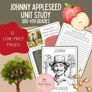 May include: A unit study for 3rd-4th grades on Johnny Appleseed, featuring illustrations, journal prompts, and biographical information. Includes 12 low-prep pages with images of apples, a tree, and a portrait of Johnny Appleseed.