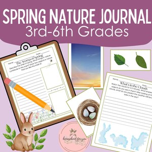 Può includere: Un diario della natura primaverile per le classi 3-6. Il diario include pagine per descrivere l'aroma della primavera, le osservazioni delle nuvole e il disegno di oggetti naturali. Sono mostrati anche una matita, un coniglietto e delle foglie.