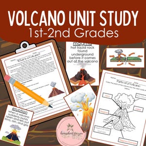 Puede incluir: Un estudio de la unidad de volcanes para los grados 1º y 2º. La imagen incluye hojas de trabajo con diagramas de volcanes, partes etiquetadas y definiciones. Un lápiz descansa sobre un portapapeles con el título "¿Qué es un volcán?" y la definición.