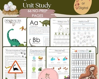 Peut inclure: Un pack imprimable coloré pour enseigner aux enfants de maternelle les dinosaures. Le pack comprend 66 pages sans préparation avec des activités comme le traçage du vocabulaire des dinosaures, la recherche des voyelles et le comptage jusqu'à 20.