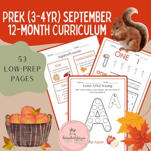 May include: Educational preschool curriculum for September, featuring 53 low-prep pages. Includes squirrel lessons, number tracing, and letter dot tracing activities. The image also shows a basket of apples and autumn leaves.