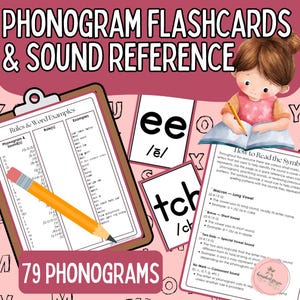 May include: Phonogram flashcards and sound reference educational set featuring a clipboard with rules and word examples, a yellow pencil, and cards showing letter combinations like ee and tch. Includes a guide on reading symbols.
