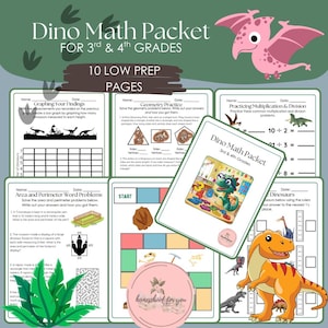 Peut inclure: Un ensemble éducatif "Dino Math Packet" pour les élèves de 3e et 4e année, avec des illustrations de dinosaures. Le paquet comprend des pages pour les graphiques, la géométrie, l'aire, le périmètre, la multiplication et la division.