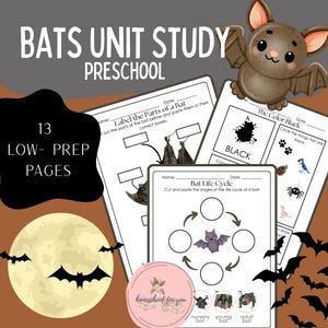 Puede incluir: Un recurso educativo de nivel preescolar "Bats Unit Study". La imagen presenta hojas de trabajo con actividades temáticas de murciélagos, que incluyen el etiquetado de partes, el reconocimiento de colores y un diagrama del ciclo de vida del murciélago. También se incluye una ilustración de murciélago de dibujos animados y una luna llena con siluetas de murciélagos.