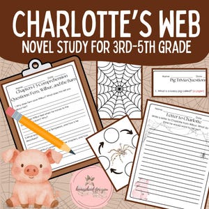 Peut inclure: Ensemble de ressources pédagogiques pour l'étude du roman "Charlotte's Web" pour les élèves de 3e à 5e année. Comprend des fiches de travail avec des questions de compréhension, des quiz et une activité d'écriture de lettres. Avec des illustrations de cochon et de toile d'araignée.