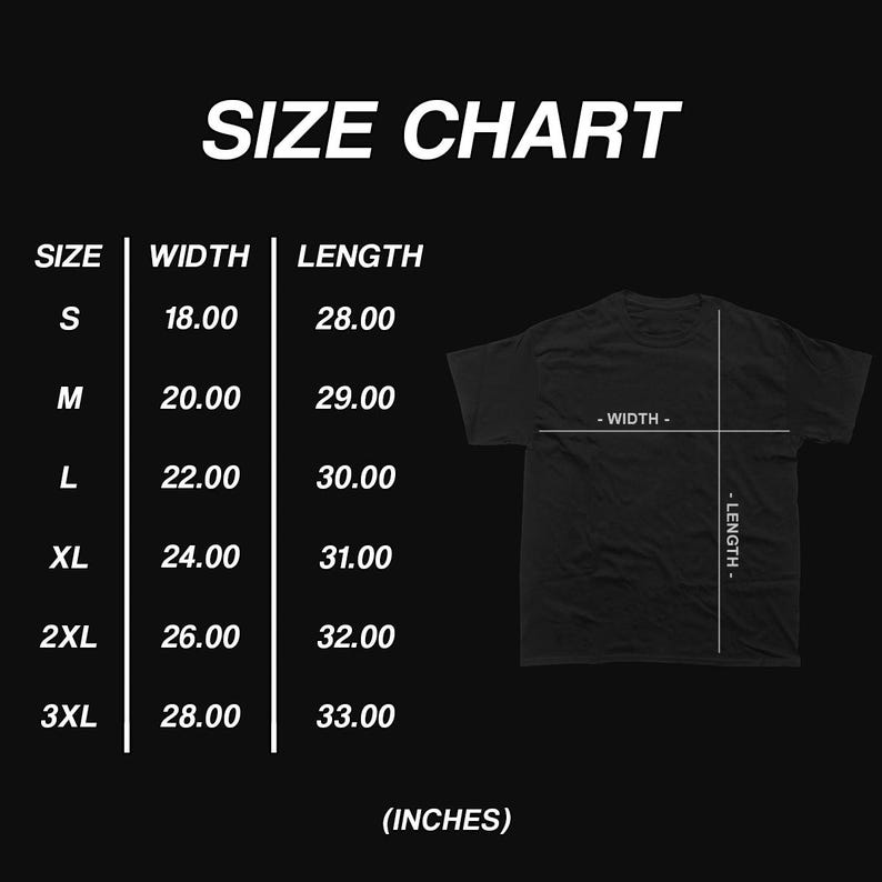 Op de afbeelding: Zwart t-shirt met een maattabel. De tabel toont afmetingen in inches voor breedte en lengte, vari&euml;rend van maat S tot 3XL. De tekst "SIZE CHART" staat bovenaan.