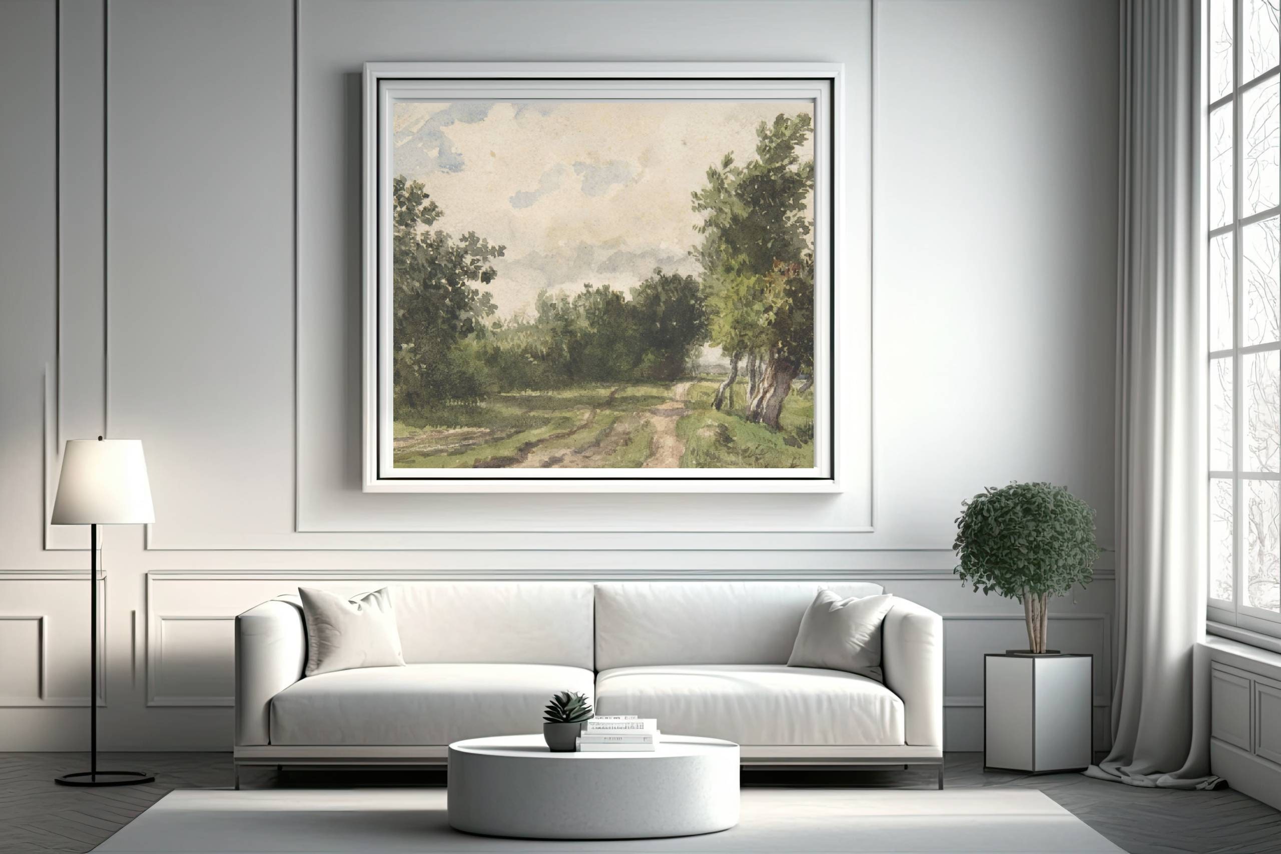 Vintage Country Road Art Rustic Art Muted Green Art Landscape Vintage Art Green Landscape With