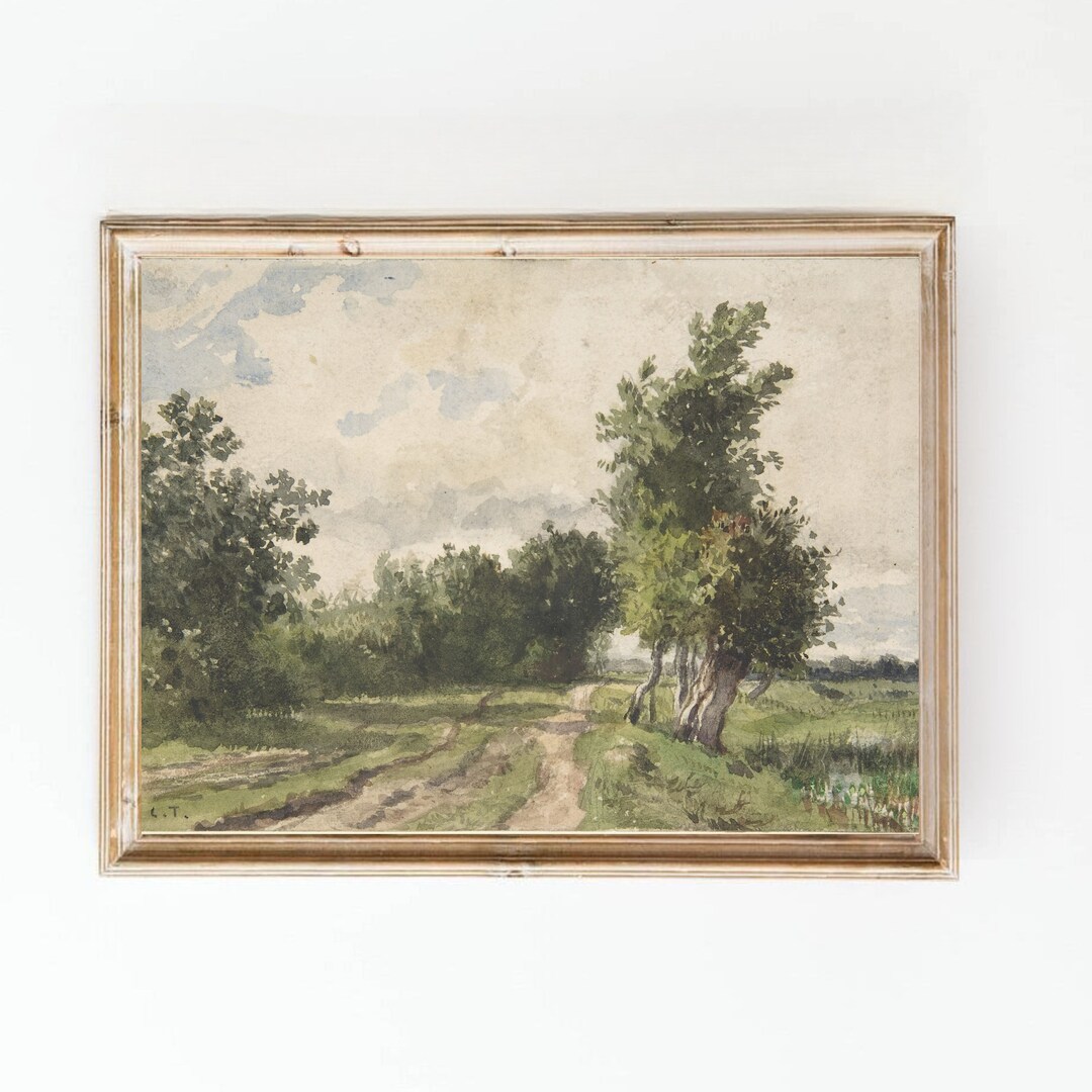 Vintage Country Road Art Rustic Art Muted Green Art Landscape Vintage Art Green Landscape With