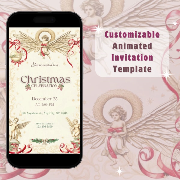 Invitation numérique modifiable de Noël des anges | Faire-part électronique personnalisable | SMS | Modèle de toile modifiable | XM23006