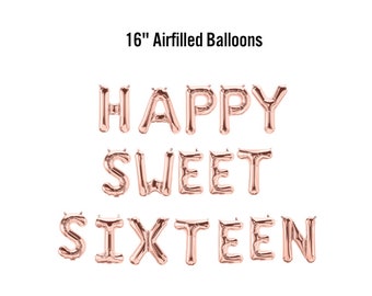 Happy Sweet Sixteen Balloon Banner Backdrop, Sixteen, Sixteenth Birthday Party Supplies, Decorations, Teenager, Selfie Booth, Gold Decor
