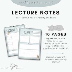 Minimalistyczny szablon notatek z wykładów o tematyce kotów | 10-stronicowy estetyczny plik PDF do adnotacji cyfrowych | Idealny dla studentów | GoodNotes