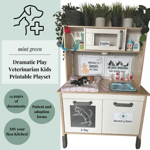 May include: A printable playset for kids to play veterinarian. The playset includes 14 pages of documents, patient and adoption forms, and signs for a veterinary clinic. The playset is designed to be used with an IKEA kitchen.