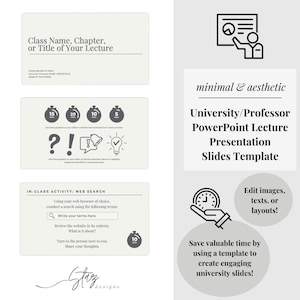 Könnte beinhalten: Eine minimalistische und ästhetische PowerPoint-Präsentationsvorlage für Universitätsprofessoren. Die Vorlage enthält ein Uhrsymbol, ein Fragezeichen, ein Ausrufezeichen, eine Glocke und eine Glühbirne. Der Text "University/Professor PowerPoint Lecture Presentation Slides Template" wird in schwarzer Schrift auf weißem Hintergrund angezeigt.