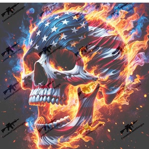 May include: A skull with flames and an American flag design. The skull is in the center of the image and is surrounded by flames. The American flag is draped over the skull and is also on fire.