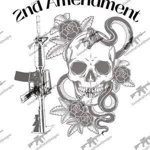May include: A black and white illustration of a skull with a snake wrapped around it. The skull is surrounded by roses and leaves. The text "2nd Amendment" is written above the skull.