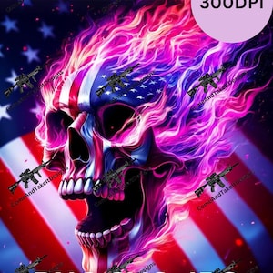 May include: A skull with flames in the colors of the American flag. The skull is surrounded by stars and stripes. The text "ComeAndTakeltDesigns" appears multiple times around the image. The text "PNG, SVG, JPG" and "300DPI" are also visible.