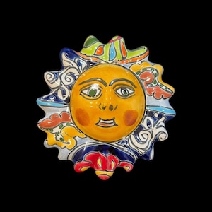 Talavera Sun Wall Plaque – Hand Painted Ceramic Face Art – Hecho en Mexico Folk Art Pottery – Colorful 3D Wall Hanging Decor 5”