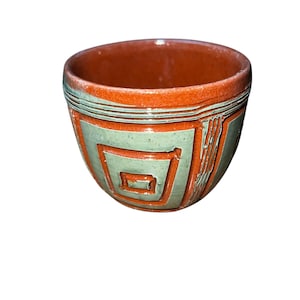 HAL LASKY Puerto Rican Pottery Vase Planter Cup Midcentury Modern Atomic Era Design Sgraffito Style Redware Terracotta Green Windows