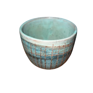 HAL LASKY Puerto Rican Pottery Vase Planter Cup Midcentury Modern Atomic Era Design Sgraffito Style Blue Green Linear