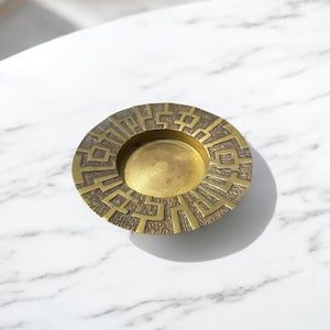 Midcentury Modern Brass Catchall Dish – 5” – Raised Geometric Design – MCM Metal Bowl – 1960s Brutalist Trinket Dish or Ashtray
