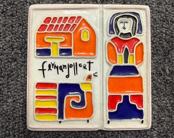 Vintage Fernando Llort Signed Ceramic Art Tile – El Salvador Folk Art (3.75”) – Village Scene with Woman and Bird