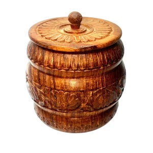 Midcentury Modern Brown Wooden Decorative Hand Carved Jar Pot Sugar Bowl Lidded Trinket Box Eco friendly Boho Country House Farmhouse Decor