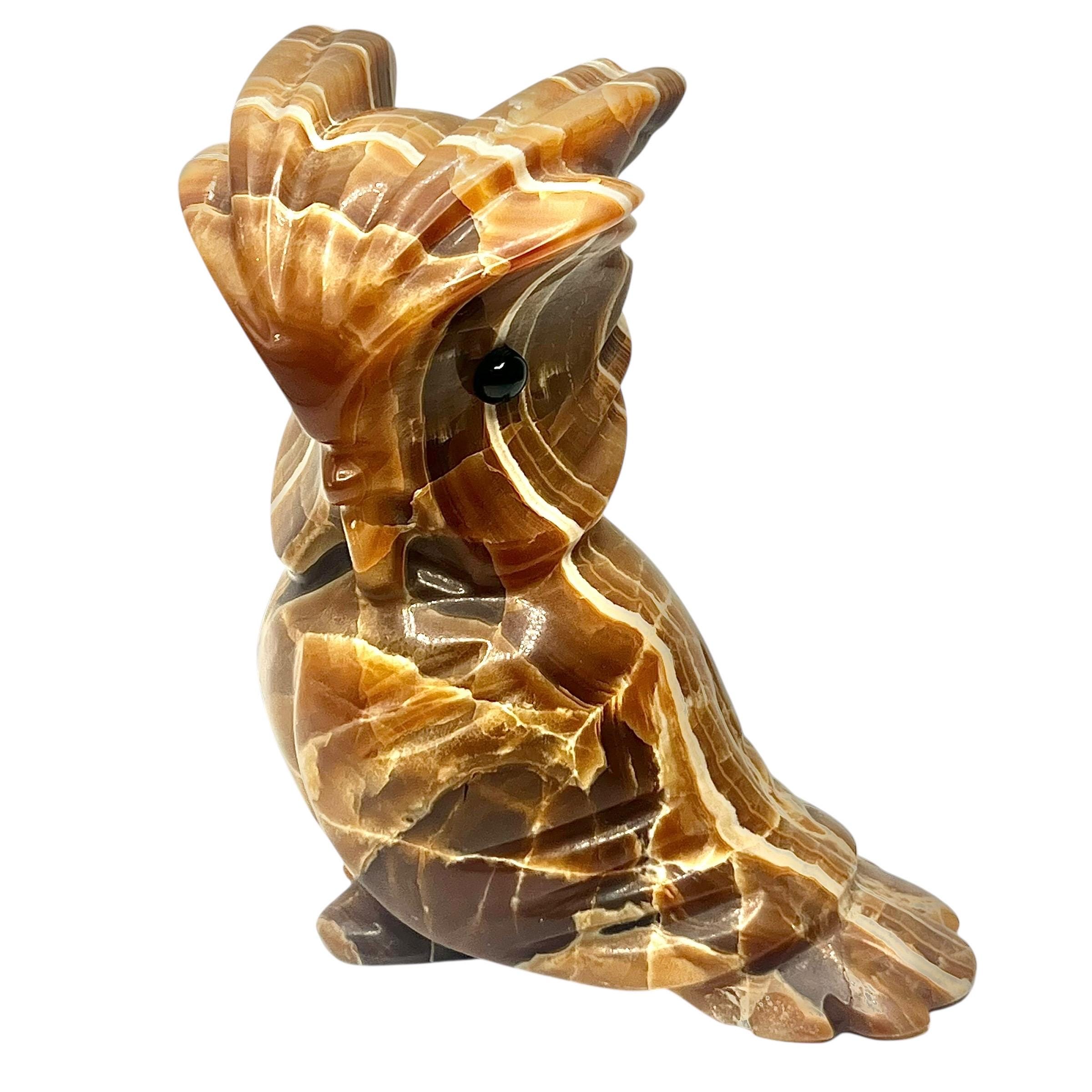 Vintage Onyx Owl Figurine – Mid-Century Hand-Carved Stone Sculpture, Caramel Brown Striped Mar