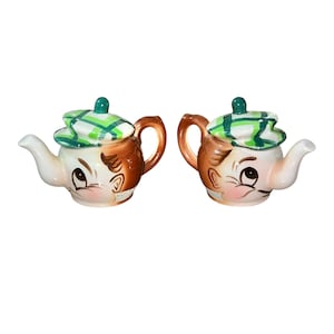SELTENE Vintage Anthropomorphe Teekanne Salz und Pfefferstreuer Andy Capp Style Plaid Design Made in Japan Mid Century Kitsch