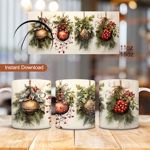 Vintage Christmas Ornaments Mug Wrap, Christmas Baubles Mug Design, 11oz Mug Wrap, 15oz Mug Wrap, 3D Mug Sublimation, Mug Template