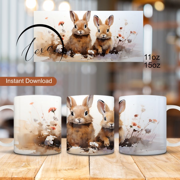 Bunny Mug Wrap, Forest Animal Mug Design, 11oz 15oz Mug Wrap, Wood Creatures Watercolor Sublimation, Bunnies Mug Wrap PNG