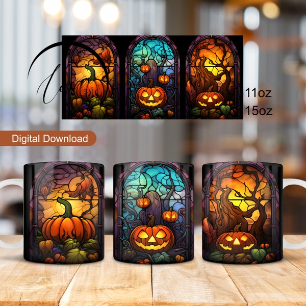 Stained Glass Fall Pumpkins Wrap, 3D Halloween Mug Design, 11oz 15oz Mug Wrap, Pumpkins Mug Sublimation, 3D Halloween Mug Wrap