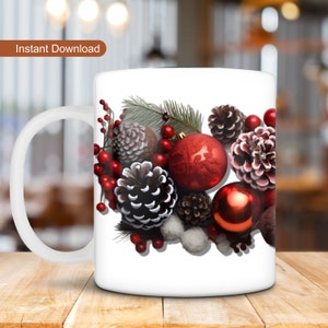 3D Red Christmas Garland Mug Wrap, 3D Christmas Design, 11oz Mug Wrap, 15oz Mug Wrap, 3D Mug Sublimation, 3D Ornaments Mug Wrap PNG