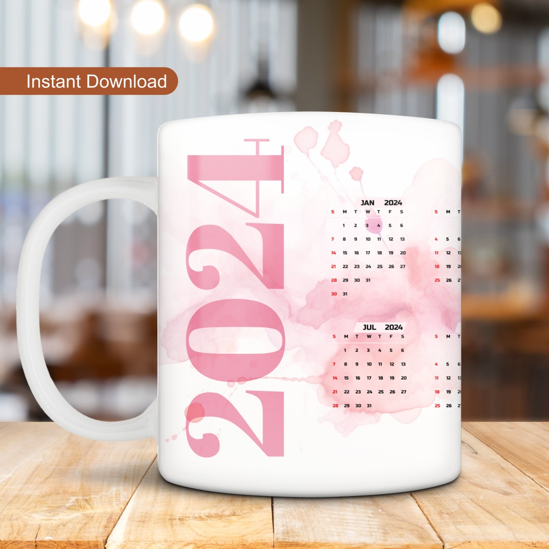 2024 Calendar Mug Wrap, Soft Pink 2024 Mug Design, 11oz 15oz Mug Wrap